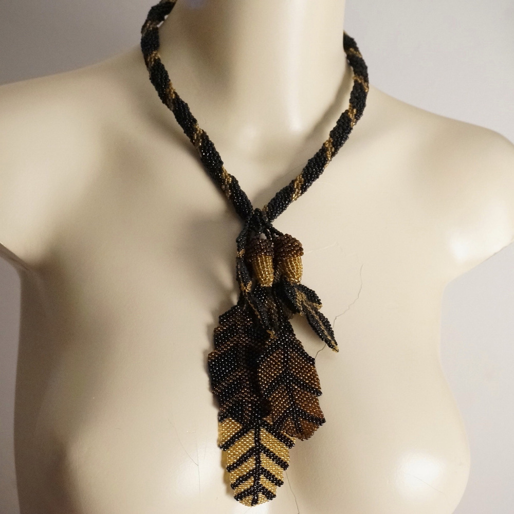 Gorgeous Artisan Beaded Acorn Leaf Necklace